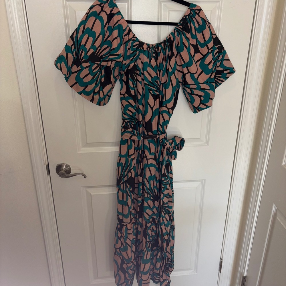 Mirth Handmade Cotton Maxi Dress Teal Pink Abstract Print Belted Womens Medium
